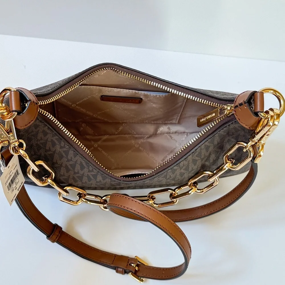 Michael Kors Cora Large Pouchette Shoulder Chain Crossbody Bag MK Brown_9